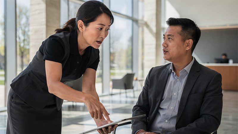 EXPLAINING WEB Two professionally dressed individuals engage in a business discussion in a modern office setting. One person stands holding a tablet, presenting to the other who is seated and listening attentively. Large windows and a reception desk in the background suggest a corporate environment focused on collaboration.