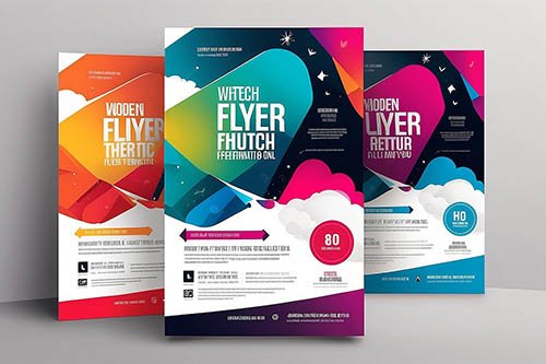 Three modern promotional flyers are displayed side by side, each with vibrant abstract backgrounds and geometric cloud motifs. The left flyer uses an orange theme with bold, stylized text; the center flyer features a blue-green palette with a circular badge showing “80” and the word “RELEASED”; the right flyer has a pink-blue gradient with similar graphic elements and the word “RELEASED” in smaller text. All three designs use dynamic typography and colorful layering, suggesting event or product promotion.