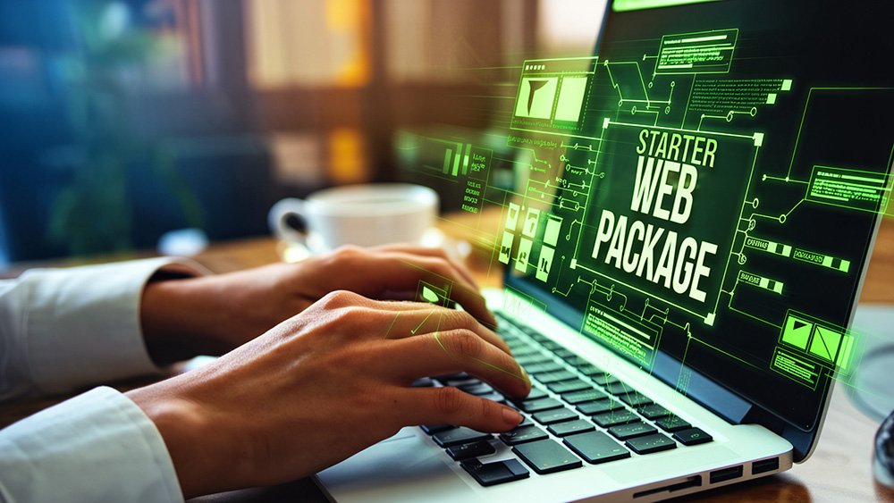 Person typing on a laptop in a modern workspace, with a glowing digital overlay featuring “STARTER WEB PACKAGE” and visual elements like flowcharts, interface icons, and web design graphics.<br />
